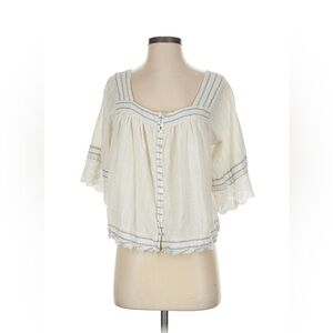 Free People Cream Top with Blue Accents